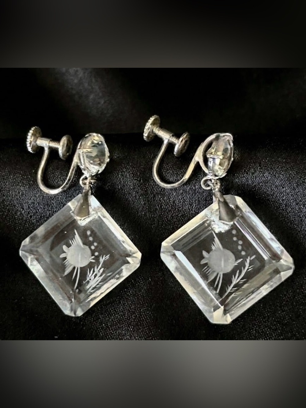 Vintage Japanese Reverse Carved Glass  Intaglio Fish Earrings 925 Silver Japan